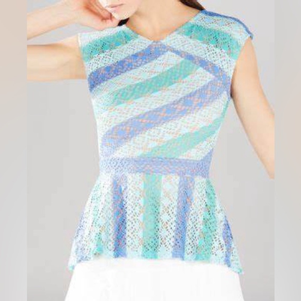 BCBGMaxAzria Heidy Aqua Combo Lace Peplum Top Sleeveless